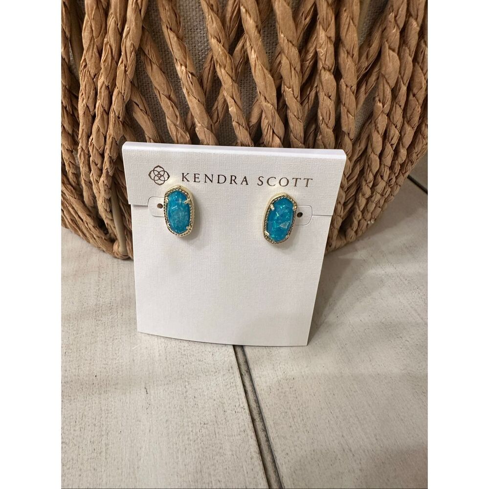 Kendra Scott Lee Gold Tone Stud Earrings Turquoise Bronze Veined New